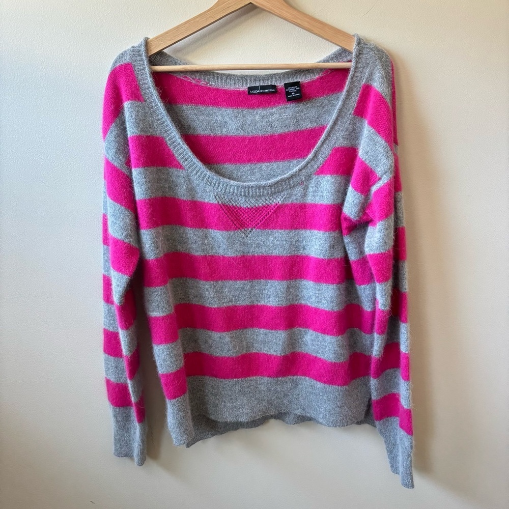 Moda International Pink and Gray Striped Rabbit Hair Sweater